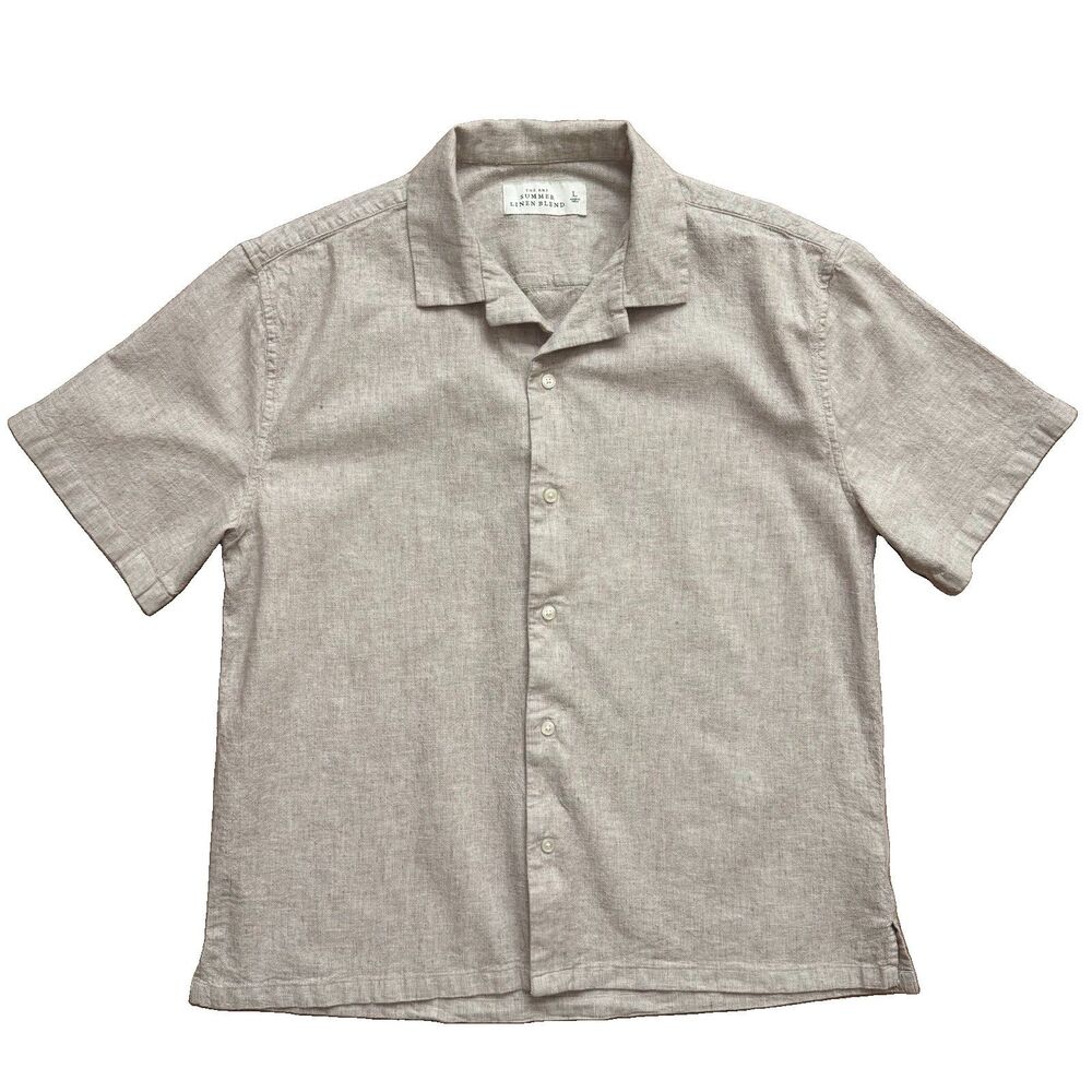 Abercrombie & Fitch Summer Linen Blend Mens Size L Beige Short Sleeve Button-Up